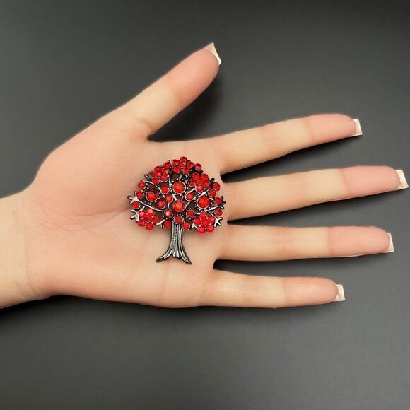 Gunmetal Gray with Dark Ruby Red Crystal Blooming Tree Pin Back Brooch - Picture 7 of 7